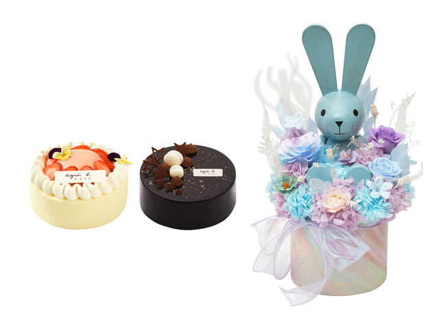 Birthday Present - agnès b Birthday Cake & Dreamy Wooden Rabbit Preserved Flower Gift Set ABC003 - BH0717A9 Photo