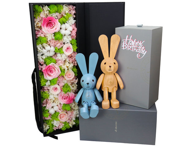 Florist Gift Set - agnès b. Wooden Rabbit With Preserved Flower Birthday Gift Set AB03 - BFAH0609B3 Photo