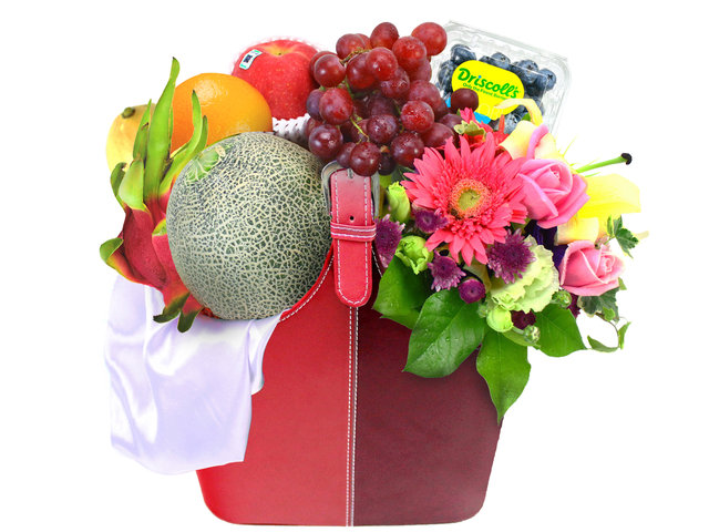 Fruit Basket - Tall Leather Fruit Hamper & Flowers - L10234 Photo