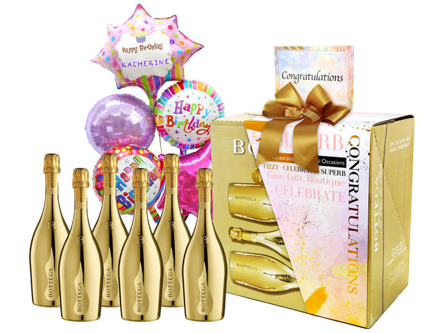 Wine n Food Hamper - Birthday Gift Bottega Gold 750ml Case Offer (6 Bottles) with Congrats Helium Balloon - BH0608A9 Photo