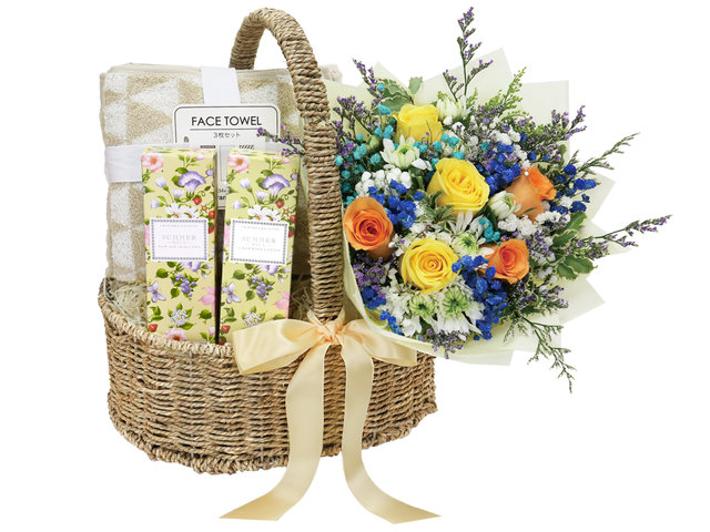 Wine n Food Hamper - Crabtree and Evelyn Skincare and Spa Set with Flower Bouquet - SE0324A2 Photo