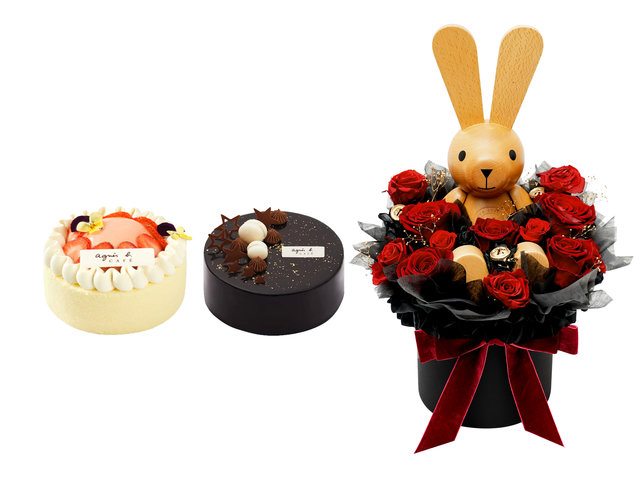 Birthday Present - agnès b Birthday Cake & Romantic Wooden Rabbit Preserved Flower Gift Set ABC004 - BH0811A9 Photo