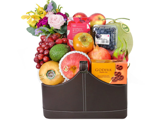 Fruit Basket - Elegant Fruits Hamper With Flowers A4 - P16703 Photo