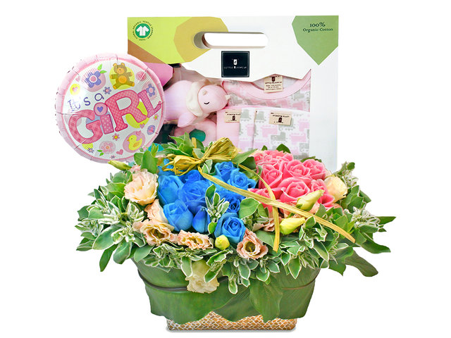 New Born Baby Gift - Baby Gift Set Flower Basket with Balloon F03 - L85195 Photo