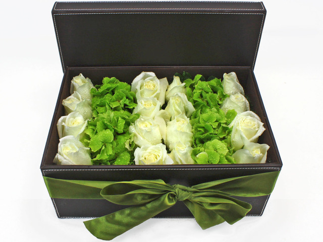 Order Flowers in Box - White Roses Green Hydrangea Box Flower - L34951 Photo