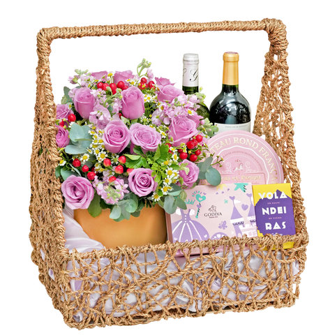 VIP - Purple Rose Potted Plant Congratulations Wine and Gourmet Gift Hamper HM032 - VE0628C2 Photo