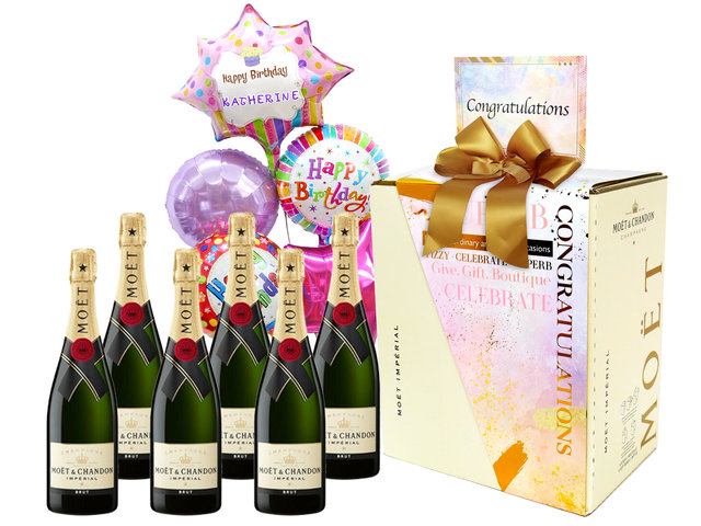Wine n Food Hamper - Birthday Gift Champagne Moet & Chandon Brut Imperial 750ml Case Offer(6 Bottles) with Congrats Helium Balloon - BH0608A7 Photo