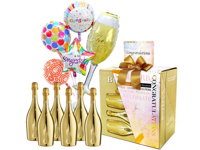 Wine n Food Hamper - Housewarming Gift Bottega Gold 750ml Case Offer (6 Bottles) with Congrats Helium Balloon - HH0424A2 Photo