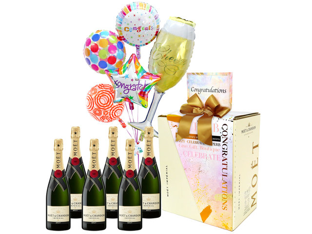 Wine n Food Hamper - Housewarming Gift Champagne Moet & Chandon Brut Imperial 750ml Case Offer(6 Bottles) with Congrats Helium Balloon - HH0424A1 Photo