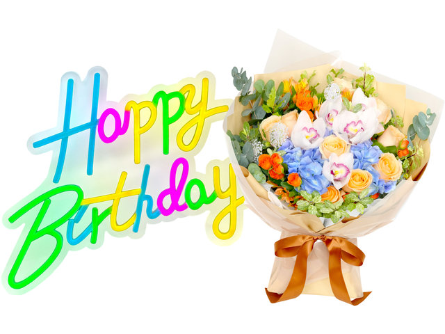 生日礼物 - 霓虹生日灯牌连大花束礼品组合 FH413  - BFAH0714A4 Photo