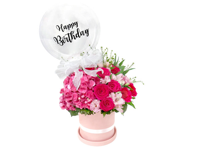送花禮盒 - 桃紅玫瑰與繡球生日氣球花盒 HB02 - FOB0524A2 Photo